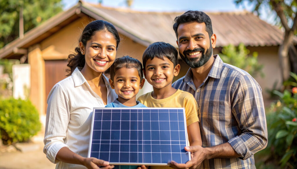 happy family holding solar panel outdoors, showcasing commitment to renewable energy and sustainability. smiling parents and children express joy and hope for greener future