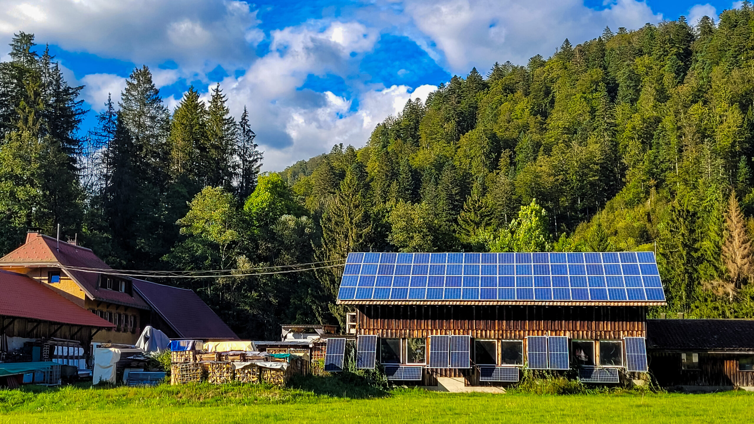 a farm wooden buildings equipped with solar system. nearby are containers with firewood. in the background green forest and blue sky.