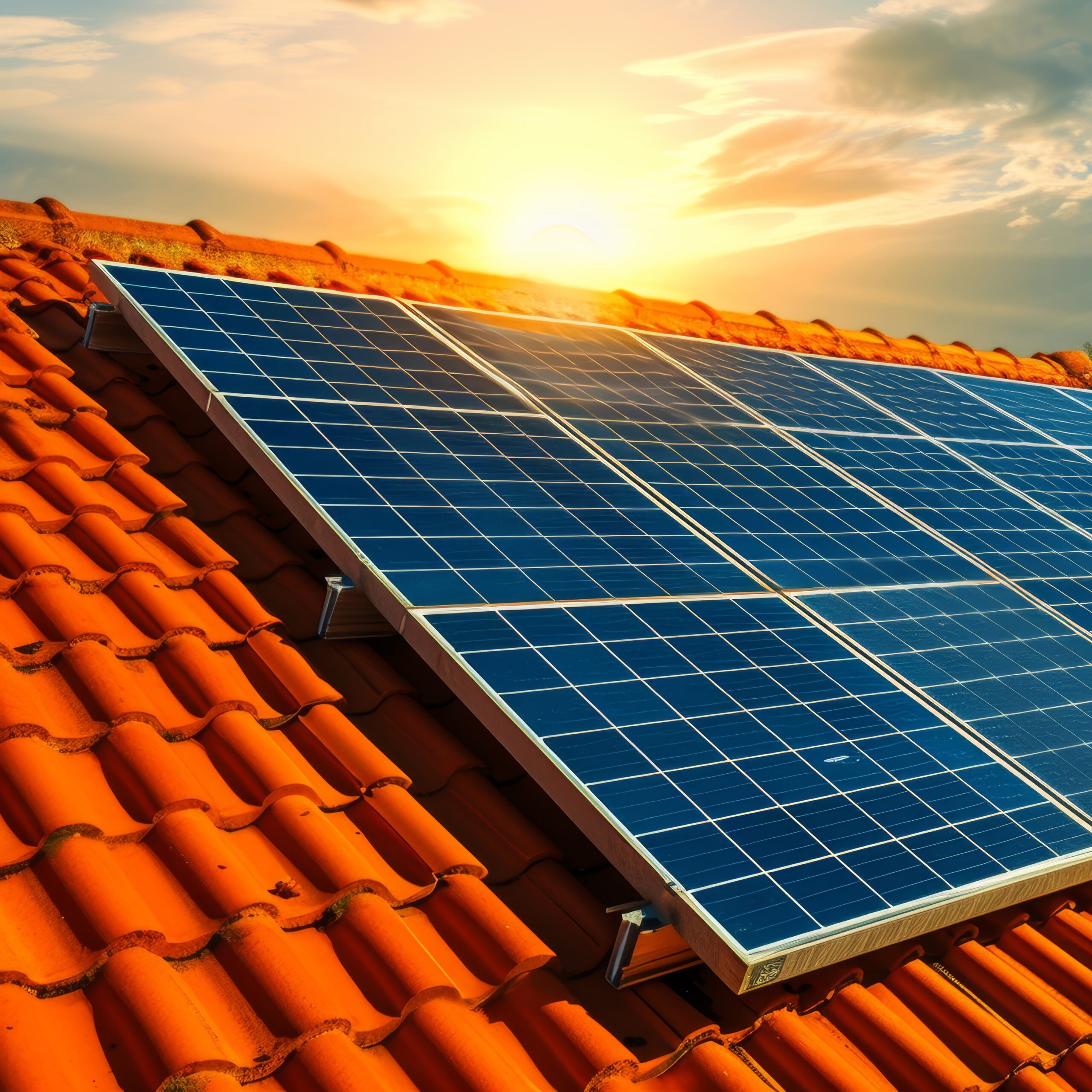 sun soaked solar panels glistening on rooftops, capturing the power of the sun