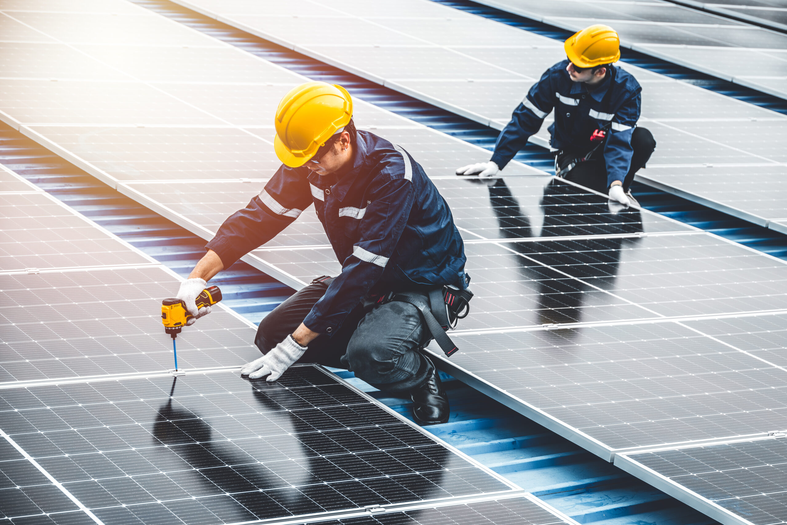 professional engineer service solar panel. worker maintenance cleaning replacing solar panel. solar photovoltaic panel system in industry roof. saving energy with clean power.